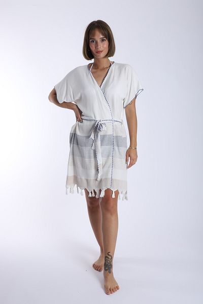 My-o White/Beige Striped Cotton Authentic Peshtemal Kimono