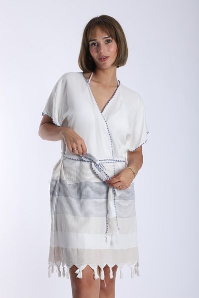 My-o White/Beige Striped Cotton Authentic Peshtemal Kimono