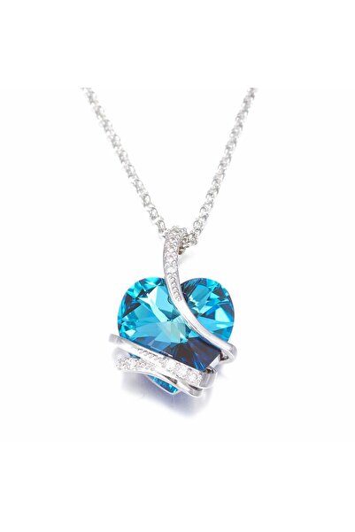 Monemel Taşlı Sevgiliye Hediye Mavi Kalp Kolye (ALTIN KAPLAMA) Sevgililer Gunu Ozel