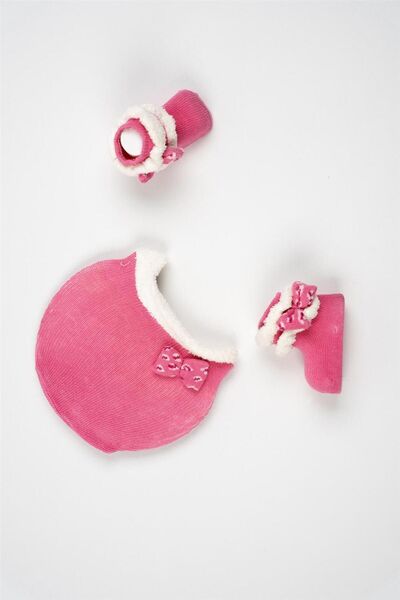Adisia Kız Bebek Pembe Fiyonk Detaylı Şapka Çorap Seti