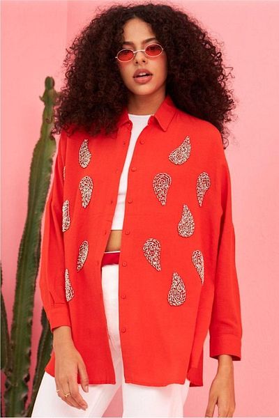 FURKAN EXCLUSIVE Red Damlataş Oversize Cotton Shirt - Casual Fit