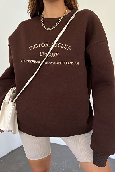 Sun Victoria Unisex Oversize Kahverengi 3 Iplik Şardonlu Nakışlı Penye Sweatshirt