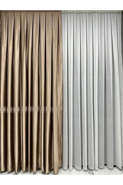 Taç New Season Mink Belted Striped Satin Background Curtain - Medium Close Pleat 1/2.5