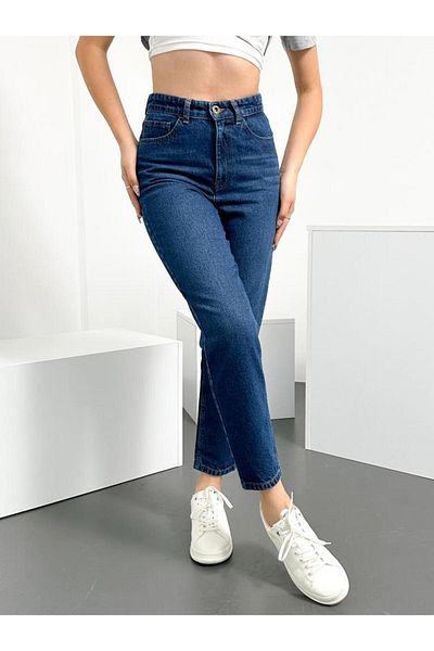HLT JEANS Dunkelblaue Mom-Jeans aus Stretch-Lycra mit hoher Taille - Anna-kymavi