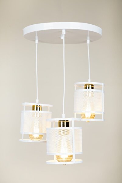 avizade 3 Lu Sarkıt Modern Tepsi Beyaz Halka Gold Sarkıt Avize-salon-mutfak-o...