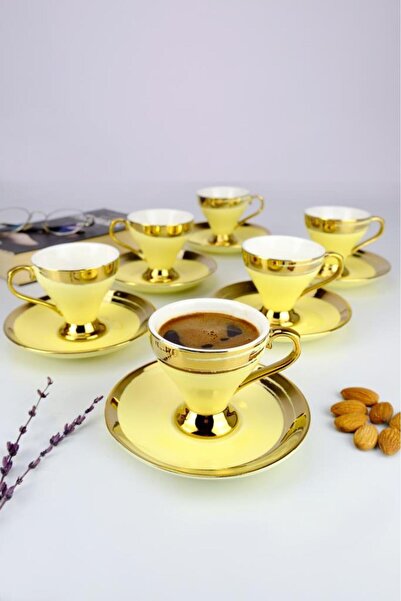 ACAR Alexa 6 Kişilik Porselen Kahve Fincan Takımı Gold Yaldızlı Sarı - HXF-21...