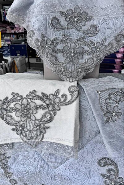 Çeyiz Diyarı Gray Hale Guipure Acetate Velvet Prayer Rug Set