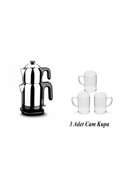 KORKMAZ Black Steel Tea Machine - 3 Glass Mugs with Handles