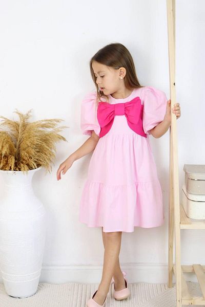 VOSVOSBABYSTORE Rochie din popelin - roz, mânecă cu balon și detaliu fundă