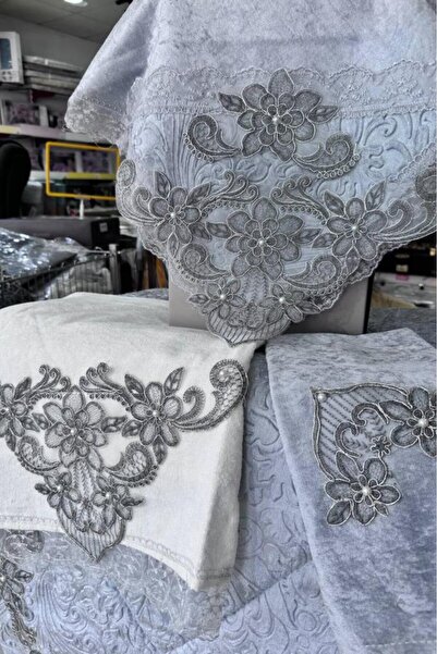 Çeyiz Diyarı Gray Hale Guipure Acetate Velvet Prayer Rug Set