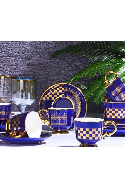 Kosova Blue Checkers 6 Foot Porcelain Cup Set Ist-117