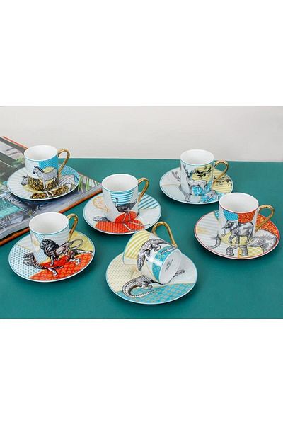 Rossel Premium Harlem-265 Porcelain Coffee Cup Set for 6 People - Forest Animal Figure