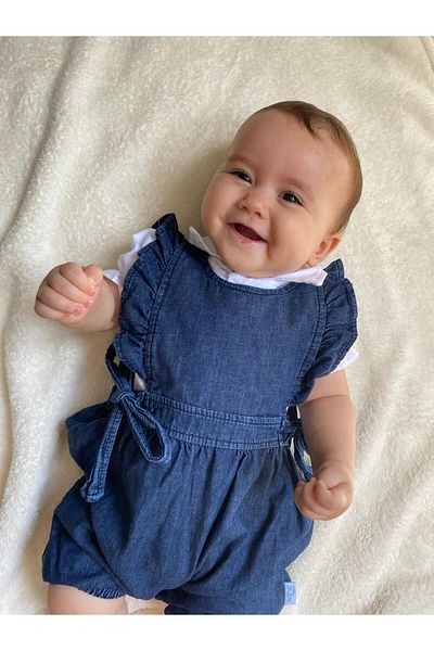 Minizade 'Pera' 2-Piece Baby Girl Jumpsuit Set - With Shirt, Denim Salopette, Side Tie, Short Sleeve, Dark Color