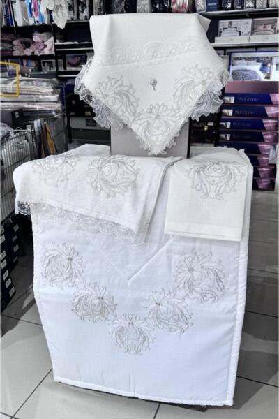 Çeyiz Diyarı Elma Gipürlü Asetat Keten Seccade Seti Krem