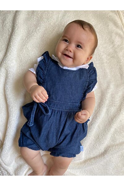 Minizade 'Pera' 2-Piece Baby Girl Jumpsuit Set - With Shirt, Denim Salopette, Side Tie, Short Sleeve, Dark Color