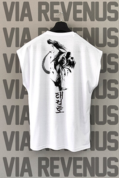 Vordevia تي شيرت رياضي أبيض من التايكوندو - طباعة خلفية، أكمام صفر