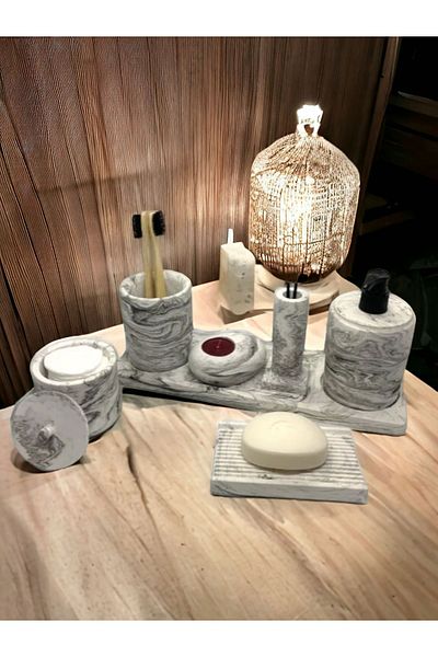Trust Stone Σετ μπάνιου 7 τεμαχίων Marble Series, Σετ αξεσουάρ από σκυρόδεμα με θήκη οδοντόβουρτσας διανομέα υγρού σαπουνιού