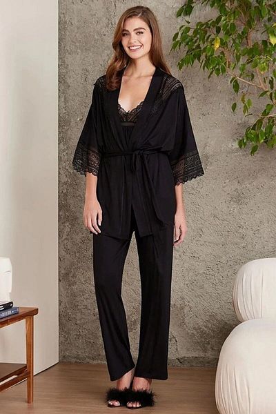 Pierre Cardin 2820 Model - Set de pijamale și halate din 3 piese din dantelă neagră pentru femei