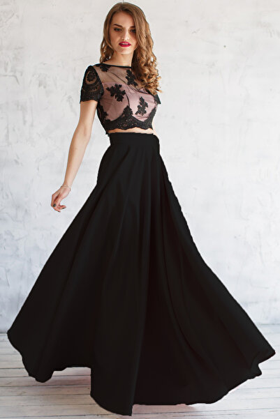 NALINCI Kadın Siyah Cepli Zarif Saten Abiye Etek