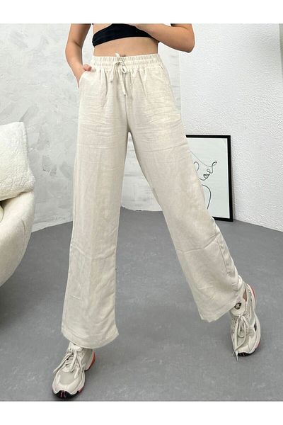 Ozy Fashion High Waist, Elastic Waist, Pocketed Flared Linen Wide Leg Summer Light Beige Trousers