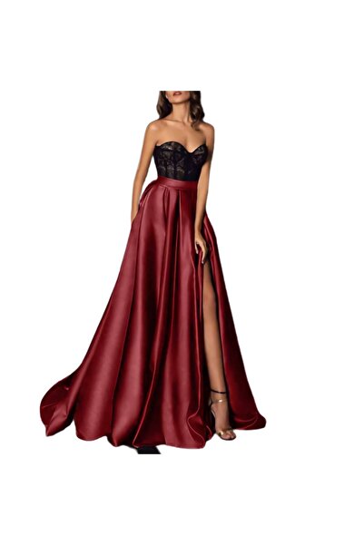 NALINCI Kadın Zarif Yırtmaç Detaylı Saten A-line Pileli Etek