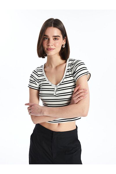 LC Waikiki Γυναικείο Crop με ριγέ V-Neck - Κοντό μανίκι LCW
