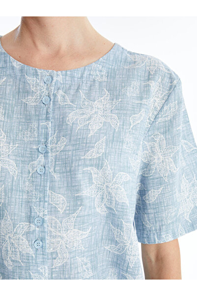 LC Waikiki Dámská halenka LCW Linen Blend Crew Neck s květinovým potiskem - krátký rukáv