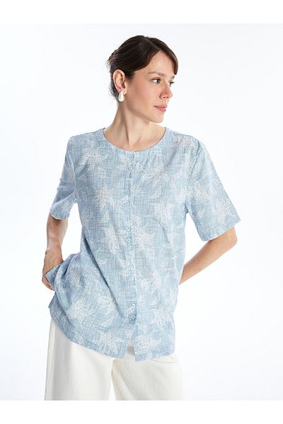 LC Waikiki LCW Linen Blend Crew Neck Floral Print Women's Blouse - Short Sleeve