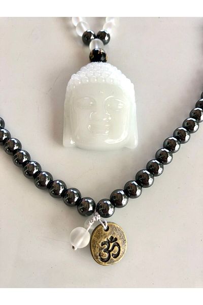 PİRAMİGO Myanmar Jade Buddha - 108 Pieces Mala Necklace with Moon and Hematite Stone