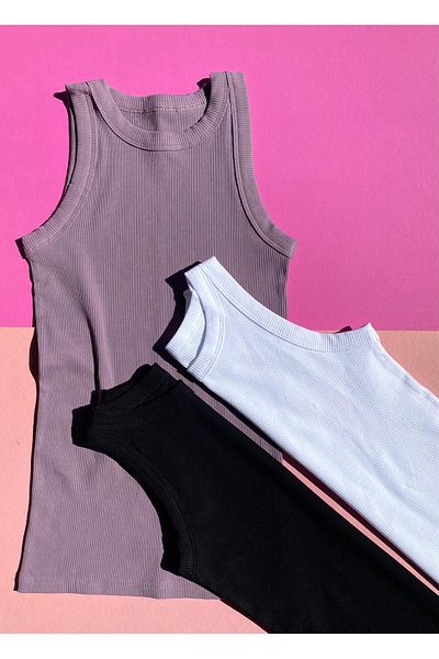 Ahmio White, Black and Plum Colored 3-Piece Set Halter Collar Cotton Women's T-Shirt Camisole Tank Top