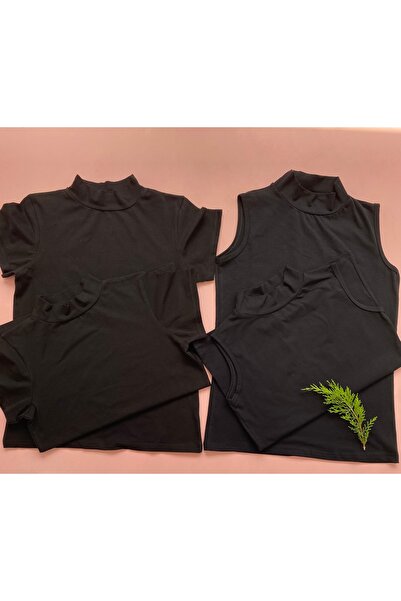 LEYNA BUTİK Black Turtleneck Cotton Lycra Women's Undershirt - 2 Short Sleeve...