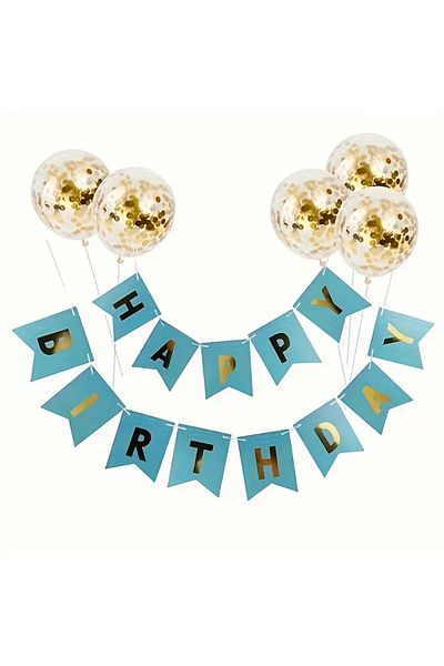 Konsept Sepeti Happy Birthday Banner - Birthday Balloon Set with Blue, Shiny Leaves and 5 Confets