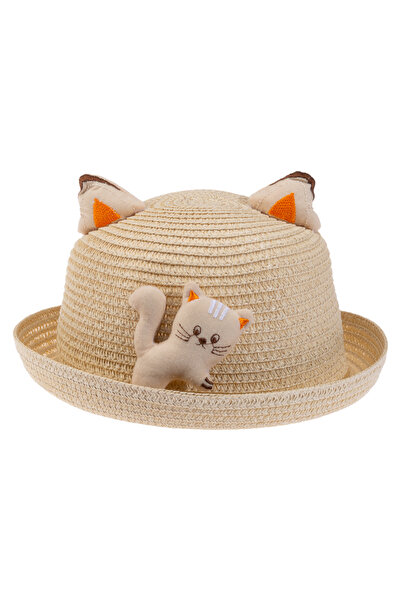 Kitti ARICI STORE KEDİCİK MODELLİ ORTA BEJ RENK 4-8 YAŞ ÇOCUK HASIR ŞAPKA