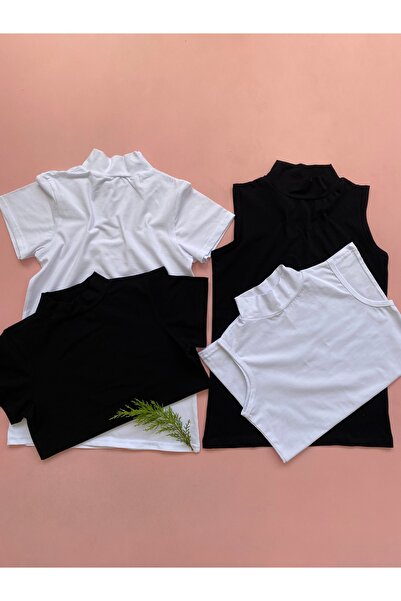 LEYNA BUTİK Black and White Turtleneck 2 Short Sleeve Undershirt - Body - Cot...