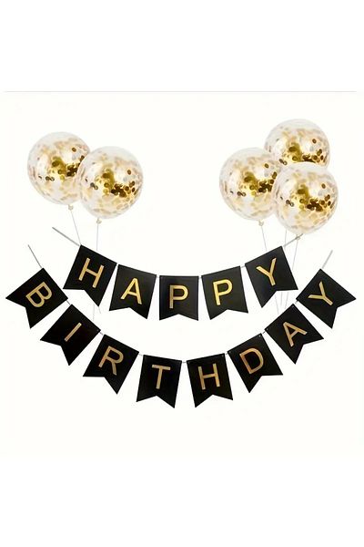 Konsept Sepeti Happy Birthday Black Banner - Birthday Balloon Set with Shiny Leaves and 5 Confets