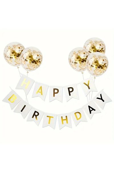 Konsept Sepeti Happy Birthday White Banner - Birthday Balloon Set with Shiny Leaves and 5 Confets