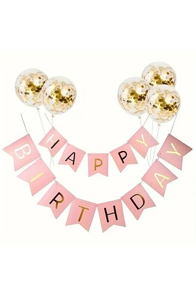 Konsept Sepeti Happy Birthday 5 Pieces Pink Banner with Confetti - Bright Leaf Birthday Balloon Set