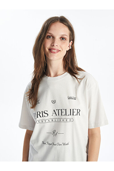 LC Waikiki Γυναικείο μπλουζάκι LCW Oversize - Crew Neck, εμπριμέ, κοντομάνικο