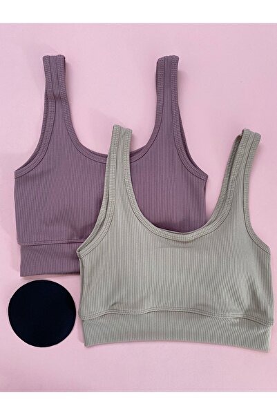 MODALİNOSA قميص داخلي نسائي من القماش المضلع - قطعتين مع وسادة نصف حمالة (DAMSON - TAŞGRİ)