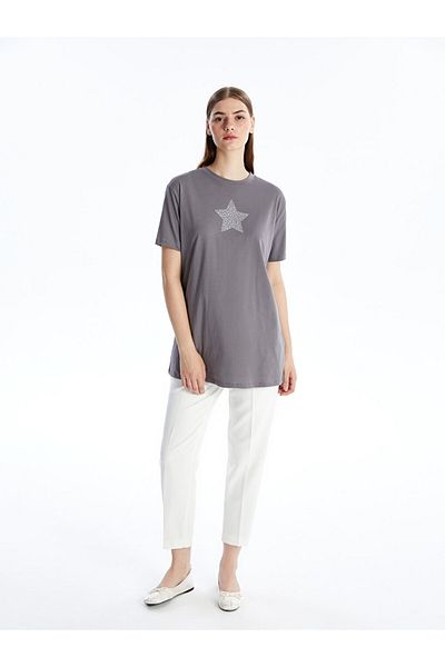 LC Waikiki lCW Women's Tunic - Crew NecK, Stone Print, Short Sleeve