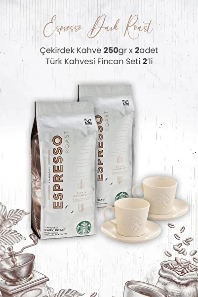 Starbucks Espresso Dark Roast Core Coffee 250 Gr x 2 Pcs and Turkish Coffee Cup Set of 2