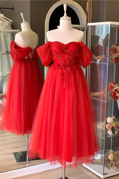 Lenta Moda Red 3D Lace Detailed Midi Length Evening Dress and Prom Dress