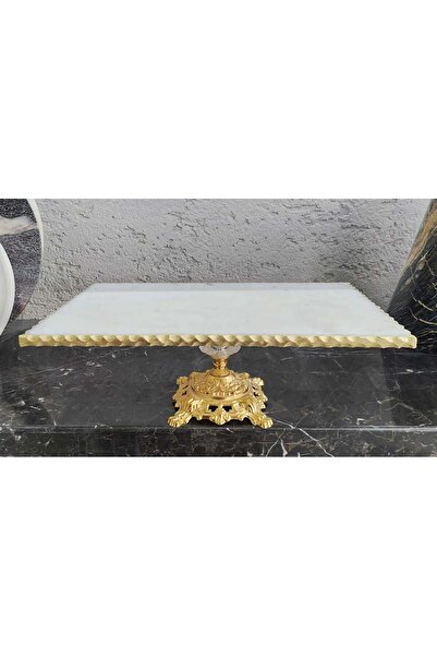 Sümeyra Marble Art Antique - White Marble Pedestal Presentation Tray| 20x30cm| Footed| Gold|