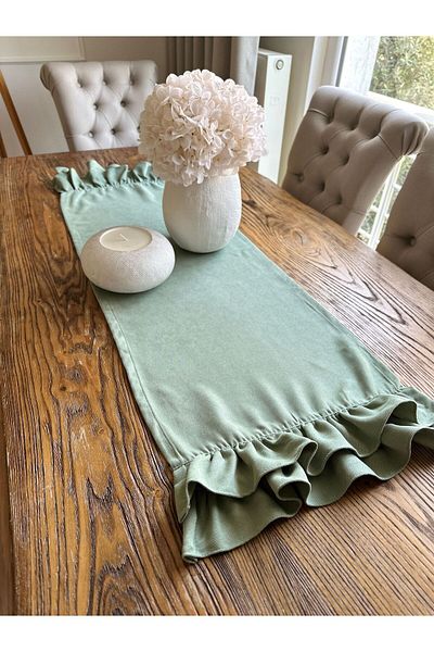 Decamor home Vintage Velvet Textured Worry-Free Double Ruffle Green Coffee Table Runner