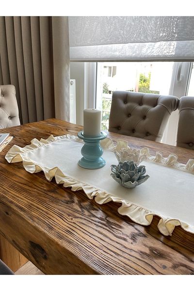 Decamor home Vintage Ecru Velvet Runner - Soft Fabric and Full Ruffles