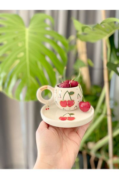 Mugtasarım Double Turkish Coffee Cup with 24K Gold Gilded Cherry Earrings