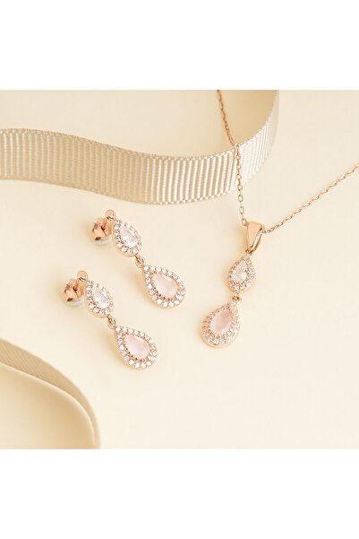 Siset Gümüş 925 Ayar Rose Kaplama Damla Kuvars Taşlı Gümüş İkili Set