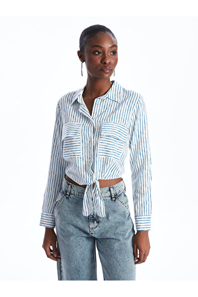LC Waikiki Dámská košile s proužkovaným dlouhým rukávem, lněná směs LCW