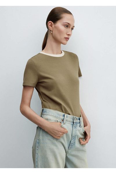 MANGO Woman Памучна тениска с контрастна яка