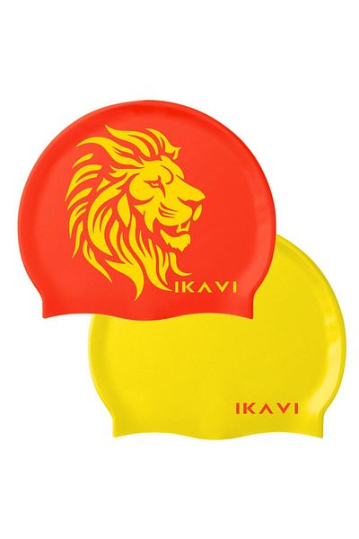 İKAVİ Yellow-Red 2-Piece Lion Printed Silicone Sea and Pool Cap